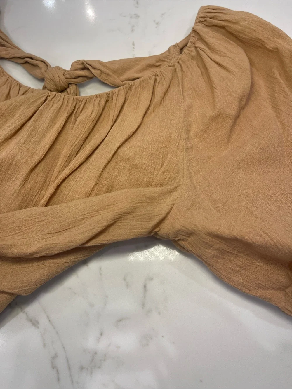 Old Navy Women’s Puff Sleeve Tie-Back Blouse in Tan